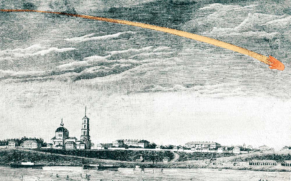 Полёт Оханского метеорита над Пермью. Рисунок очевидца А. Селиванова